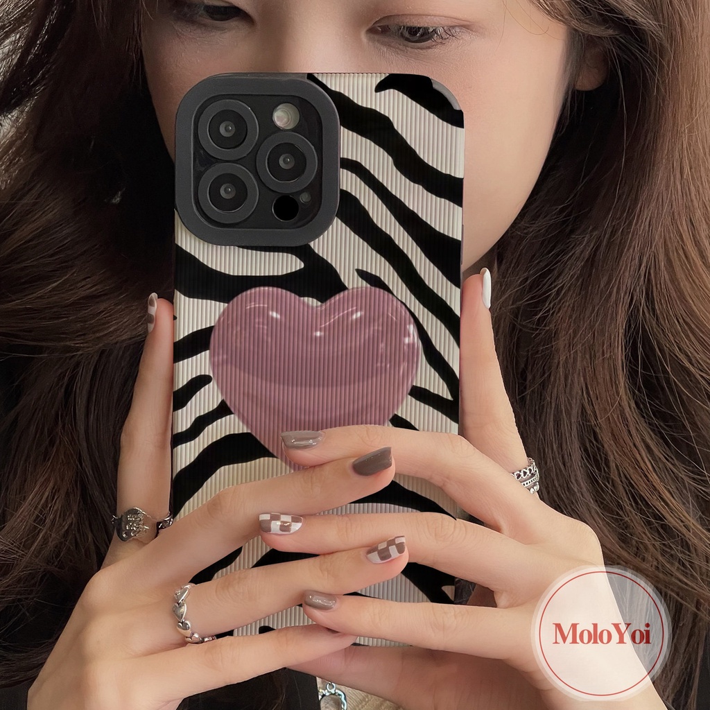 Art Garis Tidak Teratur Motif Zebra Cinta Hati Ponsel Shockproof Case Kompatibel Untuk IPhone XR X XS Max7Plus11 13 12 14 Pro Max8 7 Plus Cover Tekstur Kulit Mewah