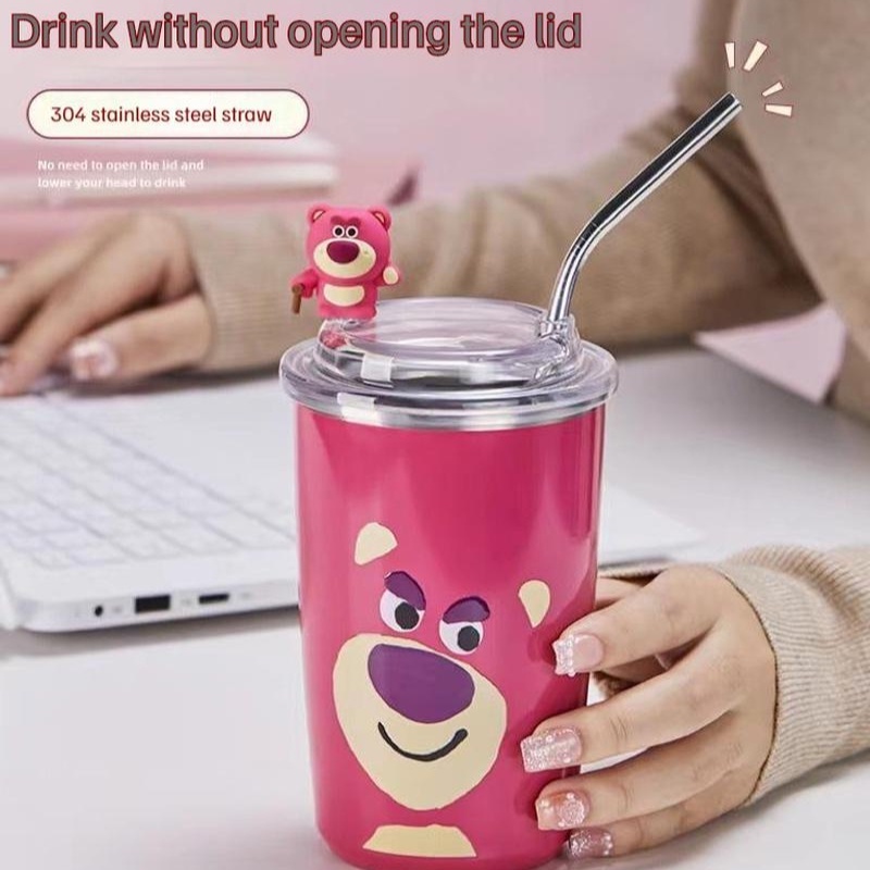 【COD】Strawberry Bear Termos Tumbler Lotso 500ML Strawberry Bear Termos Botol Minum Lotso Dengan Sedotan