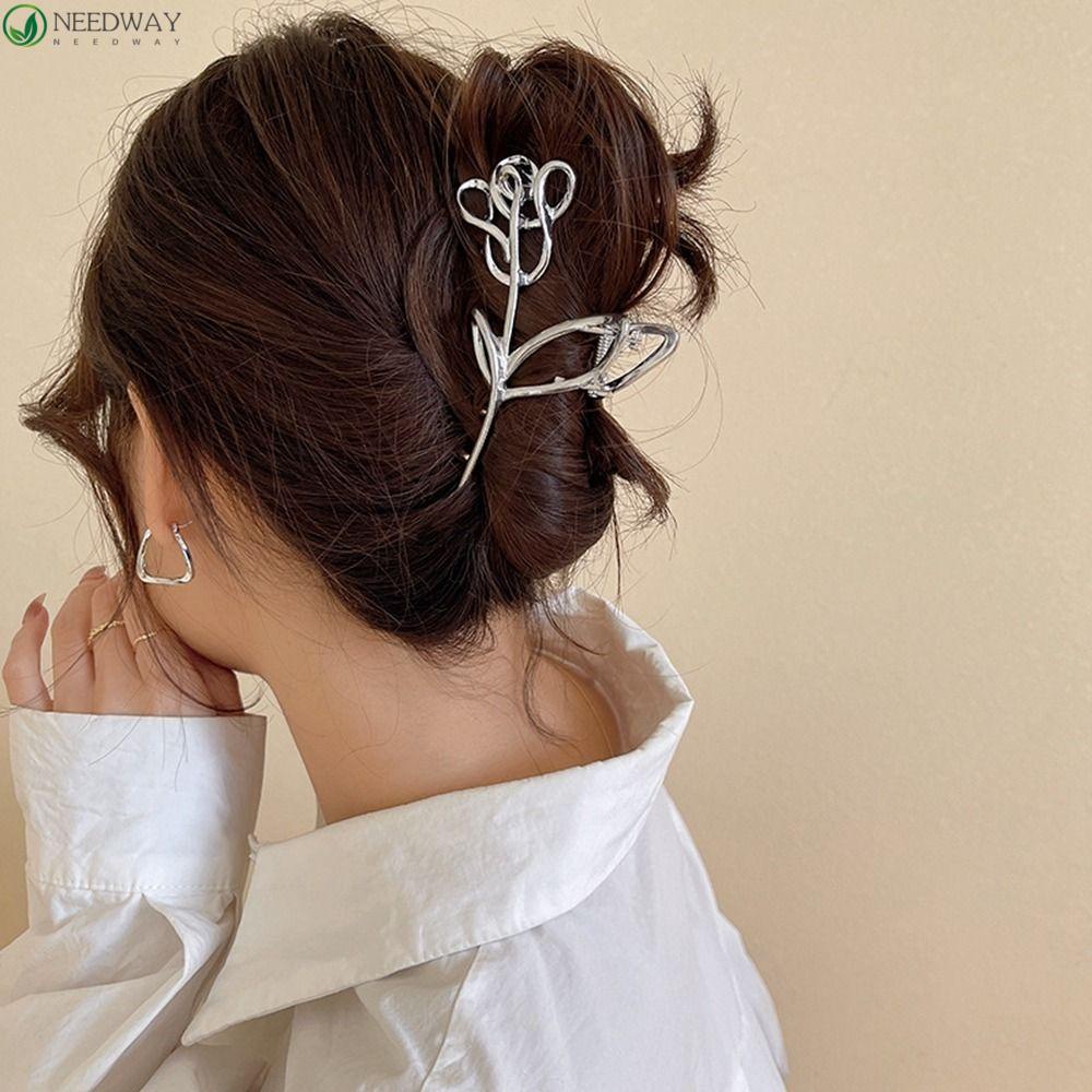 Needway Rose Hair Clip Sweet Simple Flower Berongga Hiu Klip Perak Klip Rambut Aksesoris Rambut Perempuan