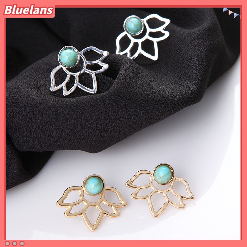 [BLS] Eropa Dan Amerika retro turquoise lotus petal Berongga Daun Anting earrings