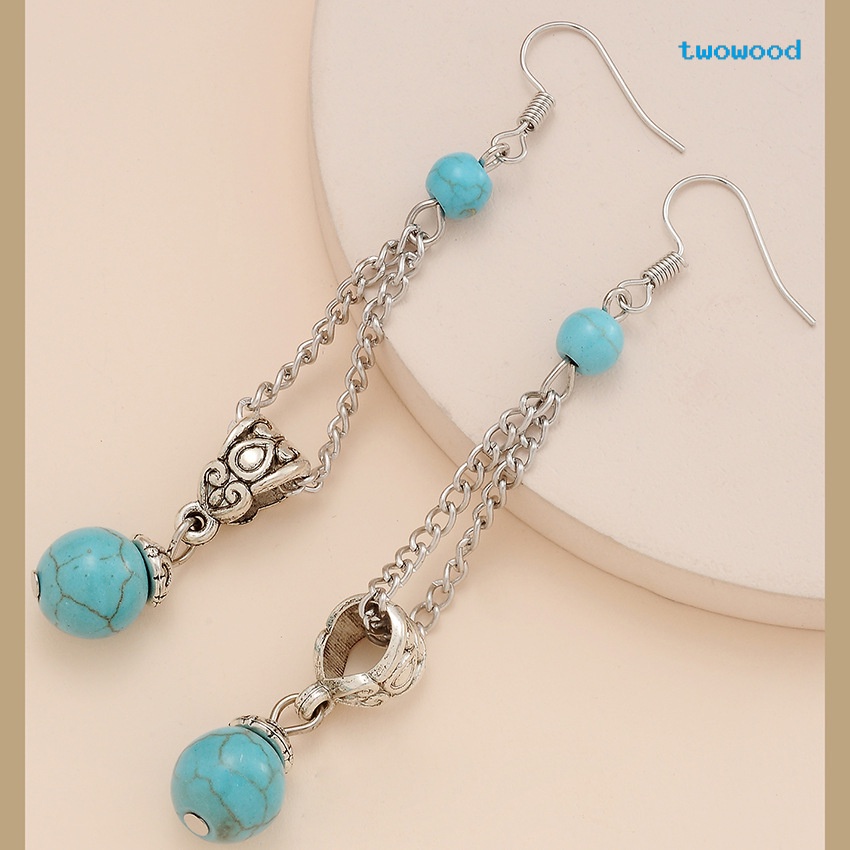 Twowood Turquoise Bead Tassel Anting Panjang Anting Vintage