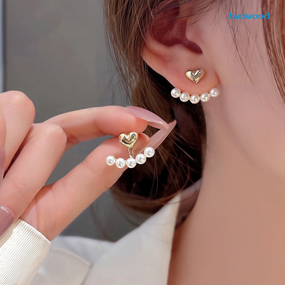 Twowood Sepasang Anting Mutiara Dengan Cinta Hati Trendi Mewah Ringan Anting high-end Anting Temperamen Unik Untuk Wanita