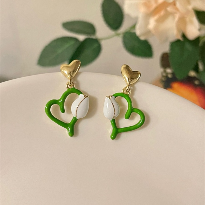 Korea Musim Panas Hijau Gadis Manis tulip Menjuntai Jantung Anting Telinga Studs Aksesori Fashion