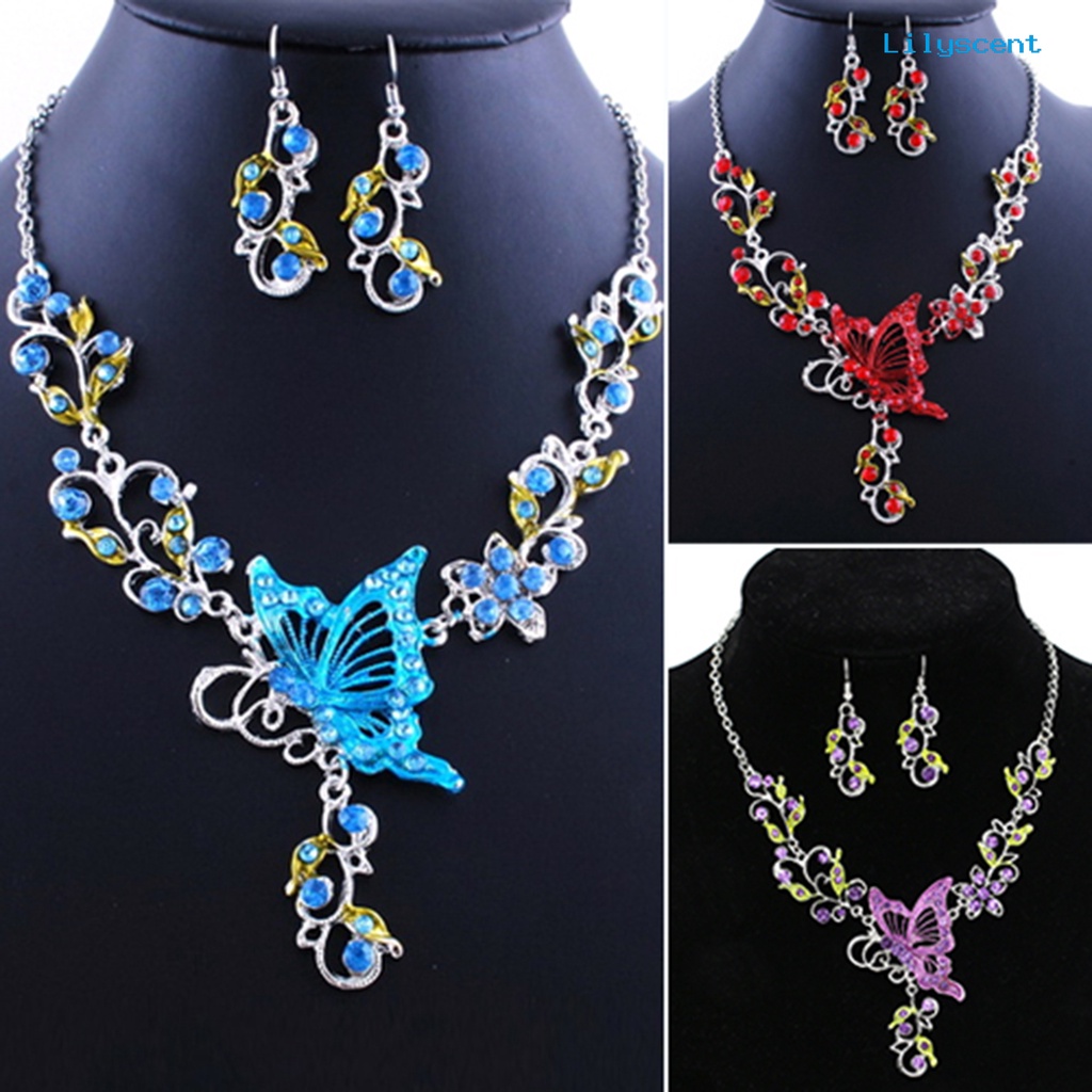 [LS]Lady Bridal Vinatge Butterfly Flower Bib Statement Kalung Anting Set Perhiasan