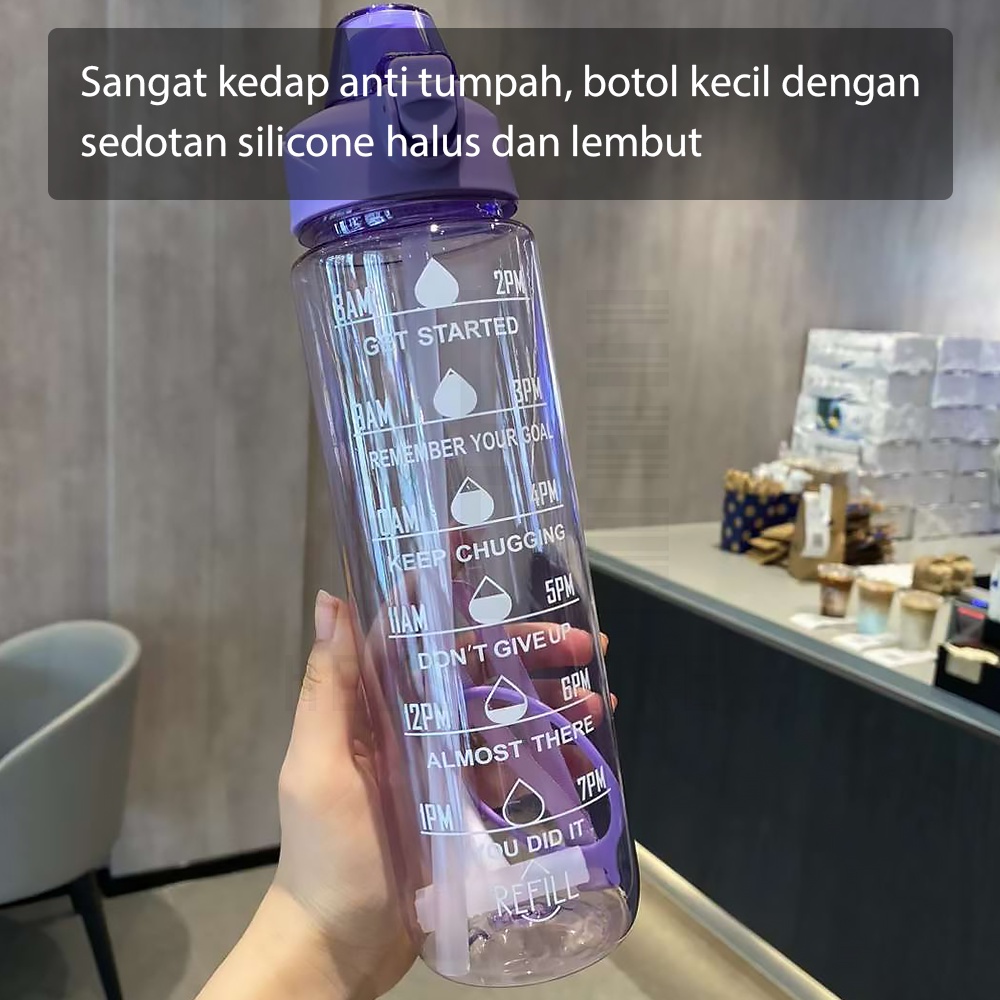 HUGO Botol Minum Motivasi 1 Liter Bening BPA FREE Gratis Stiker