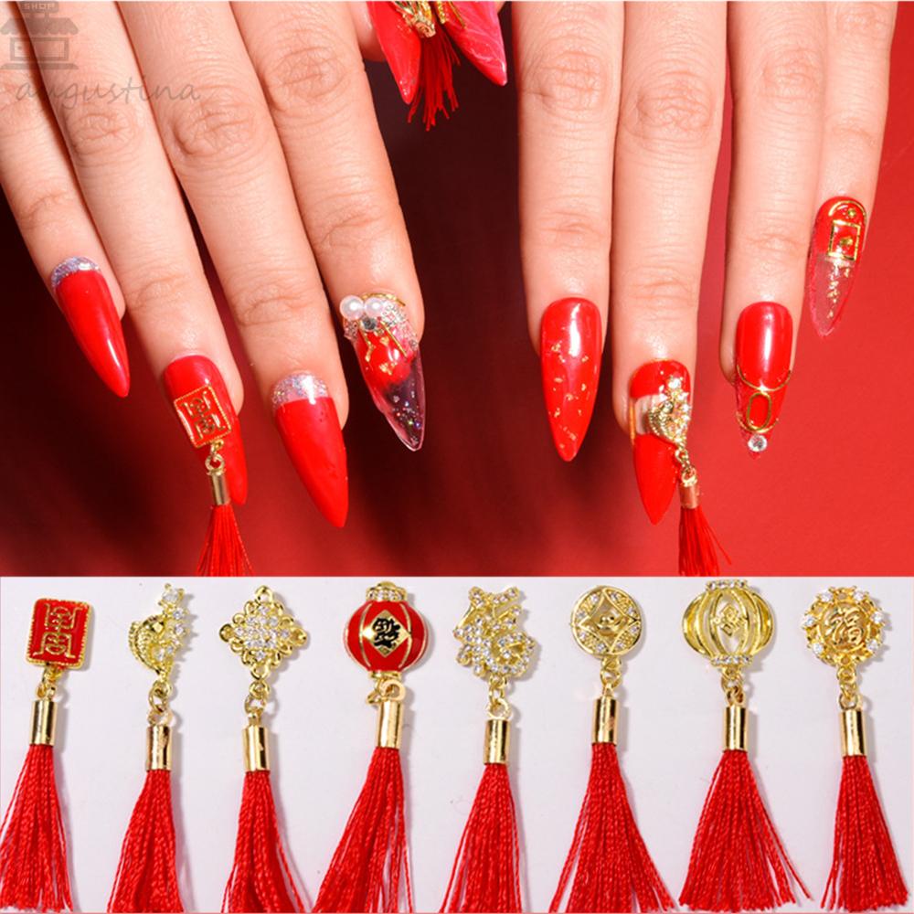 AUGUSTINA Agustina 3D Kuku Berlian Imitasi DIY Zirkon Merah Rumbai Manikur Kristal Simpul Cina