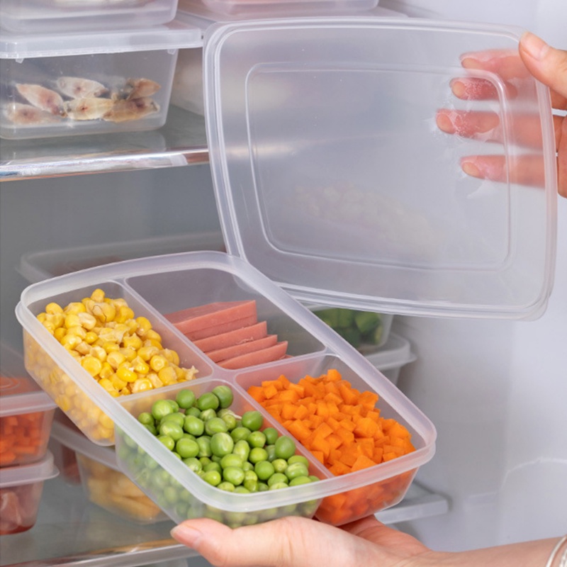 Kotak penyimpanan kulkas / 4 Grids transparan Food Sub-Packed Box / wadah daging beku tetap segar / Food Grade Food Food buah sayur Organizer / alat dapur