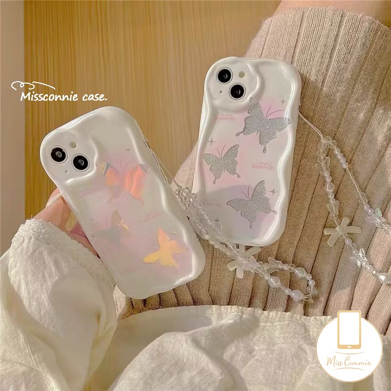 Untuk Realme C21Y C12 C55 C25Y C53 C31 C25 5 9i 6i 7i 5i 5s C20 C20A C25s C1 C33 C15 C35 C21 C17 C30 Glitter Fantasy Butterfly Case Dengan Lanyard Rantai Mutiara 3D Wavy Curved Edge Case