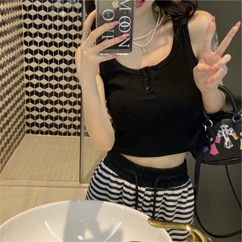 SS Tank Top Crop Wanita Motif Salur 6836 Korean Square Knit Atasan Wanita Pakaian Wanita Sleeveless Knit Top Inner Korea Style Fashion Wanita