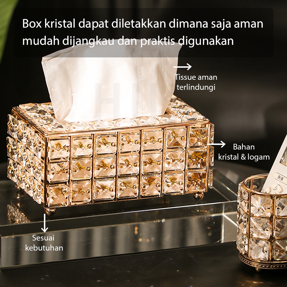 HUGO Kotak Tisu Tempat Penyimpanan Tisu Kristal Premium Wadah Tissue Emas Mewah