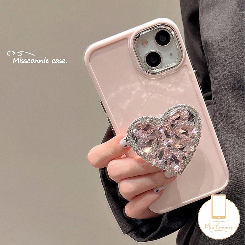 Diamond Love Heart Bracket Phone Holder Case Kompatibel Untuk IPhone 7plus 11xr 13 14 12 11 Pro MAX X XS Max7 8 Plus Plating Bingkai Lensa Logam Simple Mewah Warna Macaron Soft Cover