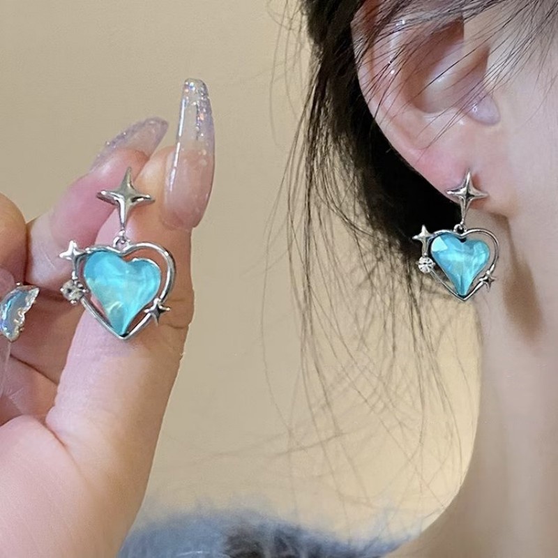 Korean INS Sweet Cute Heart Love Star Cross Earrings/Ladies Anting Menjuntai Berlian Imitasi Elegan/Anting Pejantan Liontin Sederhana/Aksesoris Perhiasan Telinga Minimalis/