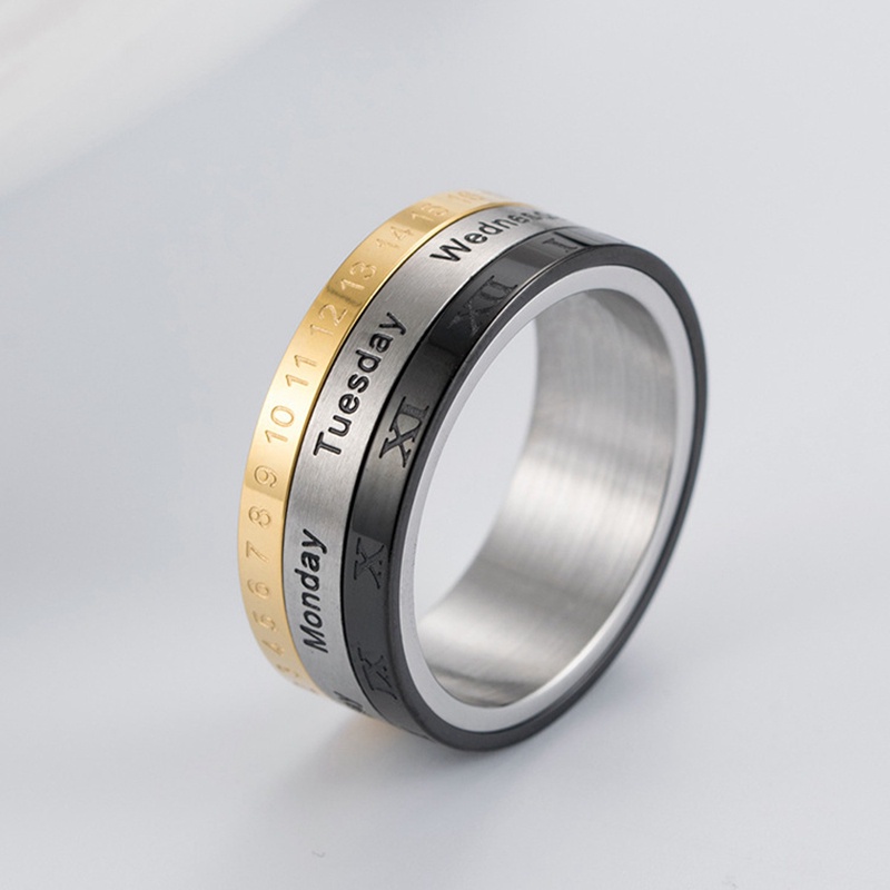 Pria Baja Titanium Punk Rotatable Spinner Tanggal Waktu Kalender Angka Romawi Jari Kecemasan Fidget Ring