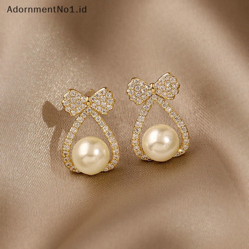 [AdornmentNo1] Pearl Studs Bow anting kristal untuk wanita Eardrop kecil perhiasan Fashion pernikahan