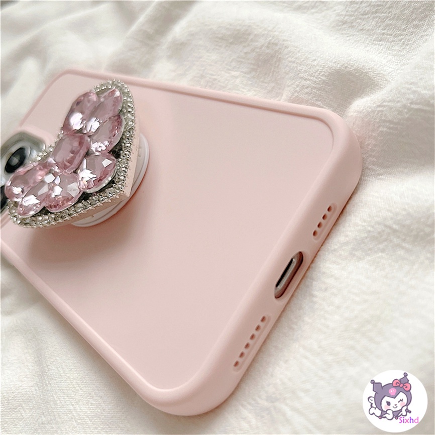 Compatible For iPhone 11 14 13 12 Pro Max 8 7Plus X Xs Xr Xs Max SE2020 Electroplated Lens Frame Protection Ins Pink Love Diamond Fashion Phone Case+Bracket Soft Anti Drop Cover