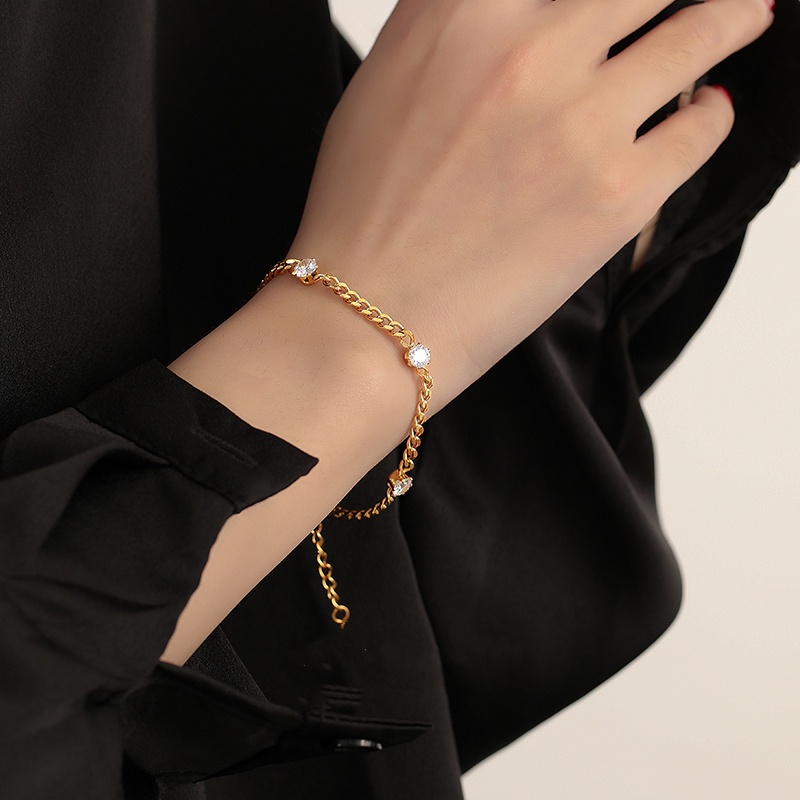 Gelang titanium Emas 18K Kristal Artifisial Wanita simple Gaya Rantai Kuba Tidak Luntur