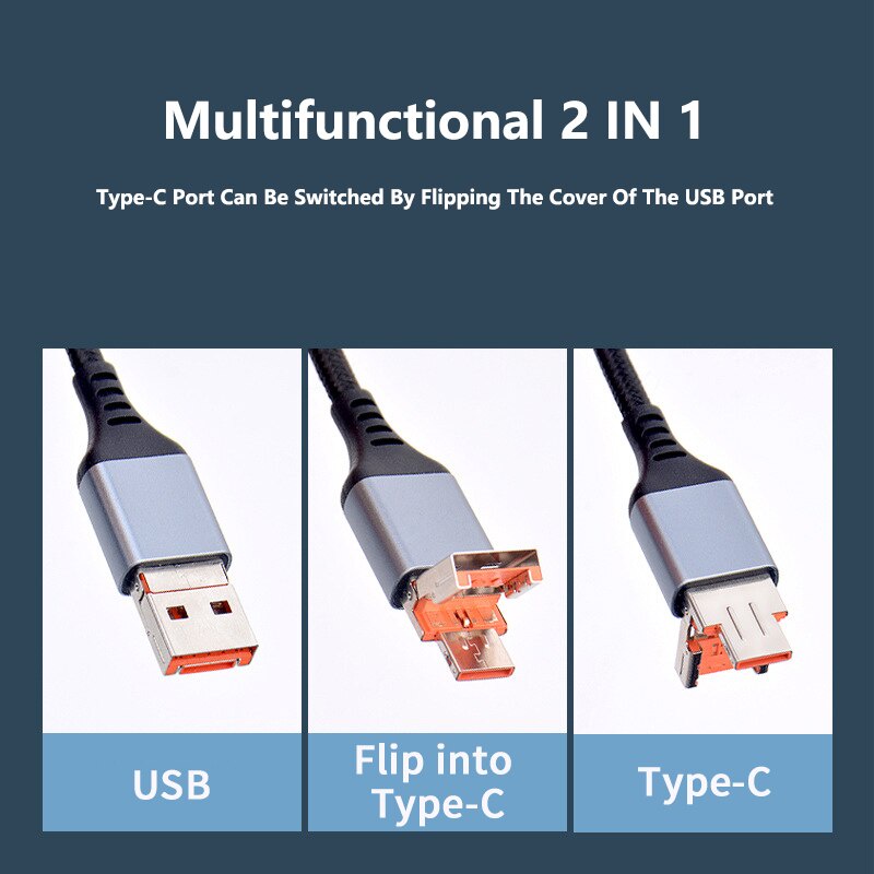 2in1 6A 66W /25W Metal Nylon Braided Fast Charging Cable Mendukung Transfer Data USB/PD Ke Tipe C Kompatibel Dengan iPhone Android