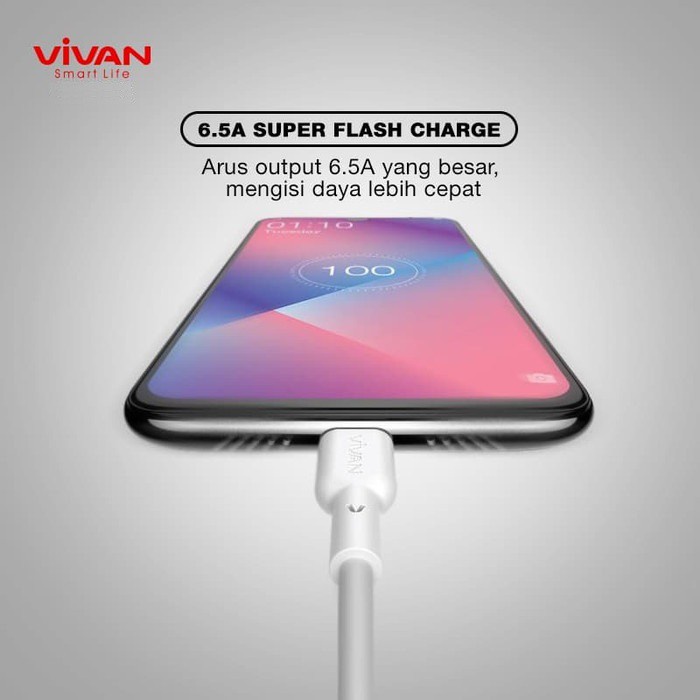 Kabel Data Type C 6.5A VIVAN Fast Flash Charging 65W QC3.0 Panjang 100cm VQC100 Garansi Resmi 1 Tahun