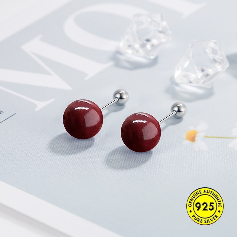 Anting Tusuk Vintage Cinnabar Anting Bola Merah Gesper Pengencang Sekrup U1532