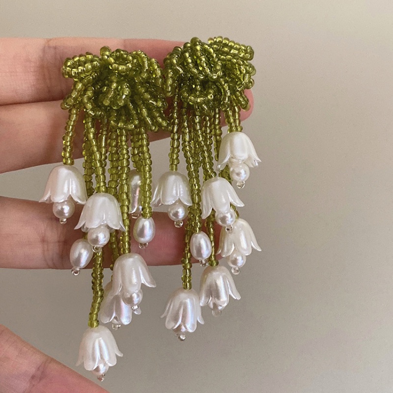 Deartiara French Vintage Manik-Manik Hijau Putih Lily of The Valley Bunga Anting Rumbai, Desain Niche Perempuan, Anting Mode Kelas Atas