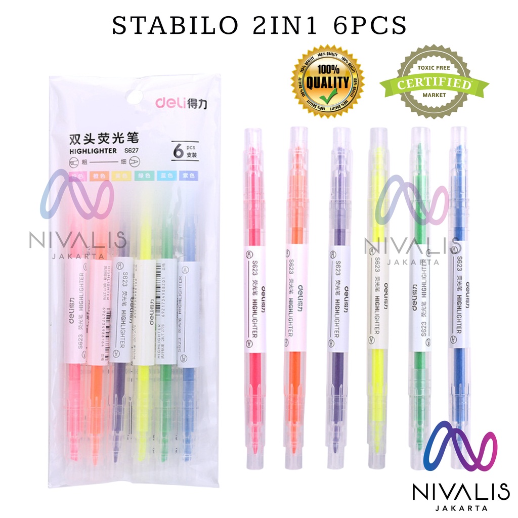 

NIVALIS JAKARTA STABILO PANJANG SET ISI 6PCS 2 SISI STABILO WARNA WARNI MEWARNAI MELUKIS MENGGAMBAR HIGHLIGHTER 2 TIP WARNA STABILO 2IN1