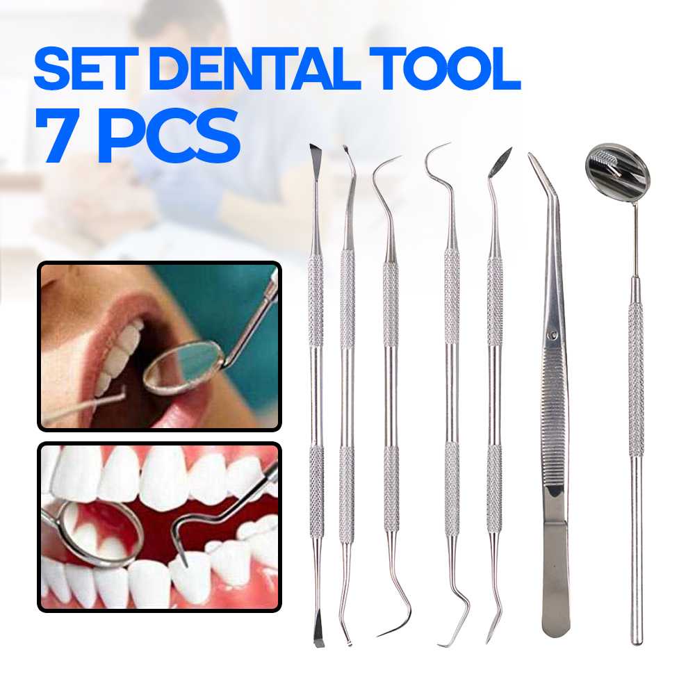 7 Set alat pembersih gigi, cermin mulut Stainless Steel pinset, pemeriksaan siku, instrumen dokter g