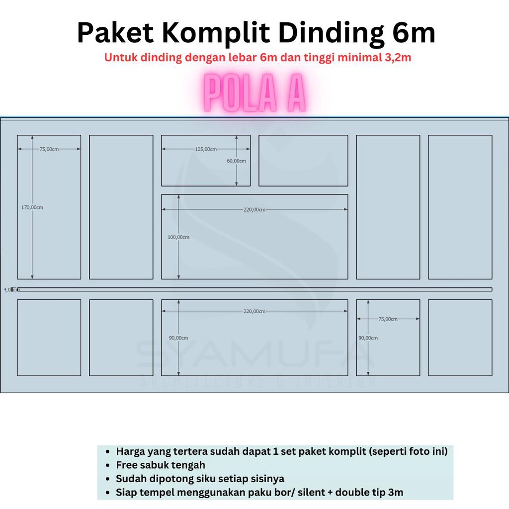 Paket Komplit Wall Moulding / Waincoasting / Moulding Lis Profil Lebar Dinding 6 meter