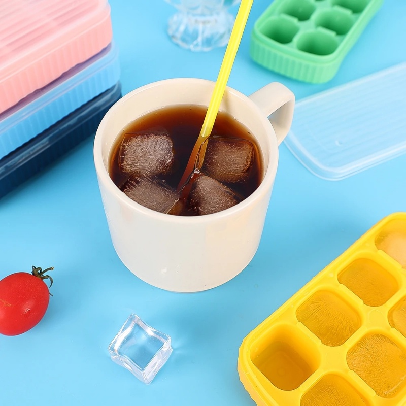 8kisi Cetakan Pembuat Es Batu Sederhana Food Grade Reusable Dengan Tutup Soft Bottom Ice Mould Shapes Untuk Whiskey Cocktail Aksesoris Gadget Dapur