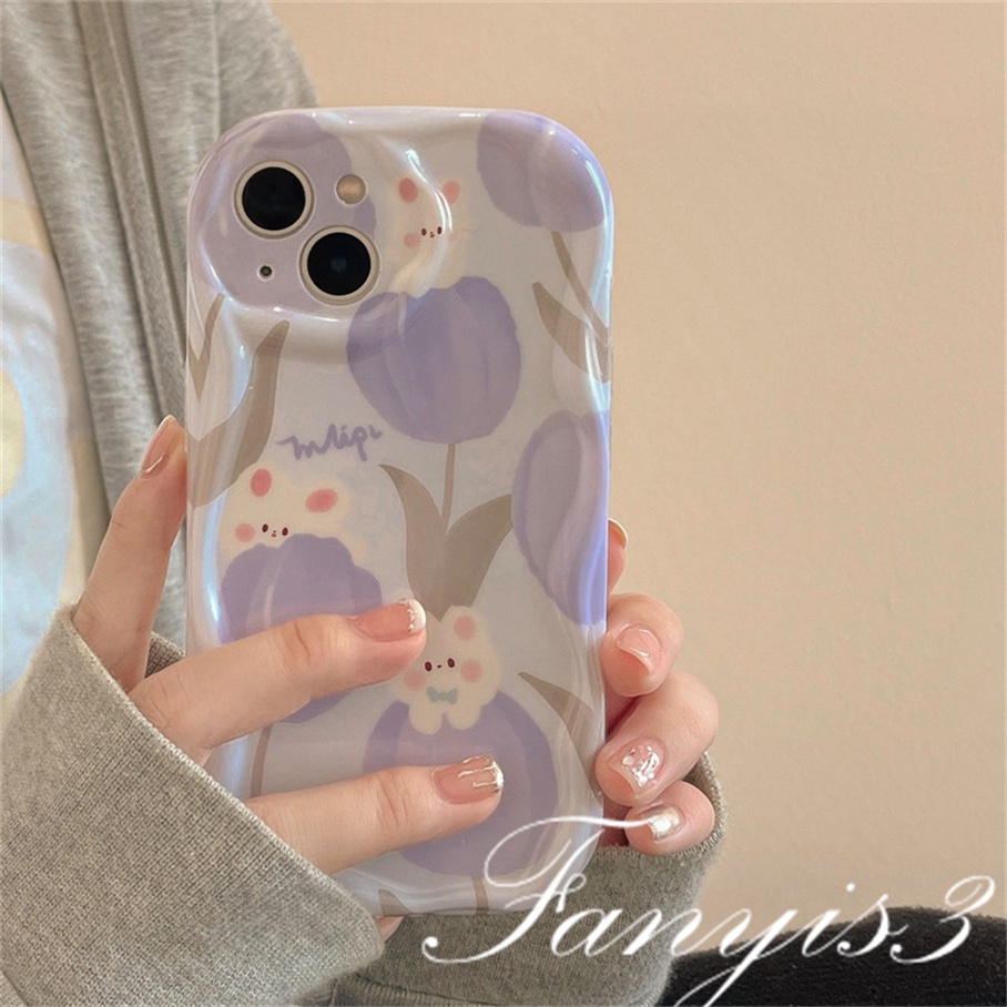 Compatible For IPhone 14 13 12 11 Pro Max X XR Xs Max 8 7 6s Plus SE 2020 Kompatibel Untuk Kelinci Ungu Bunga Tulip Gelombang Casing Ponsel TPU Silicon Lembut Cover Pelindung