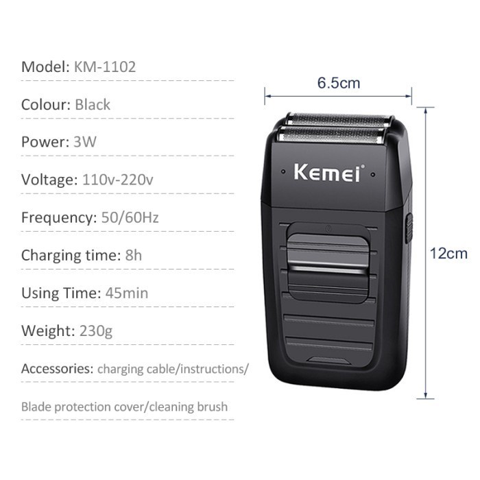 Kemei KM-1102 Elektrik Rechargeable Cordless Shaver Wireless Razor Double Blade