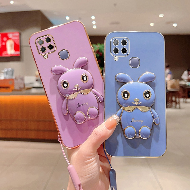 Andyh Case Ponsel Untuk Infinix Hot 10S NFC Hot 10t X689B X689 X689D X689C Kartun Lucu Kelinci Kecil Tepi Lurus Soft Shell Mengirim lanyard Silikon
