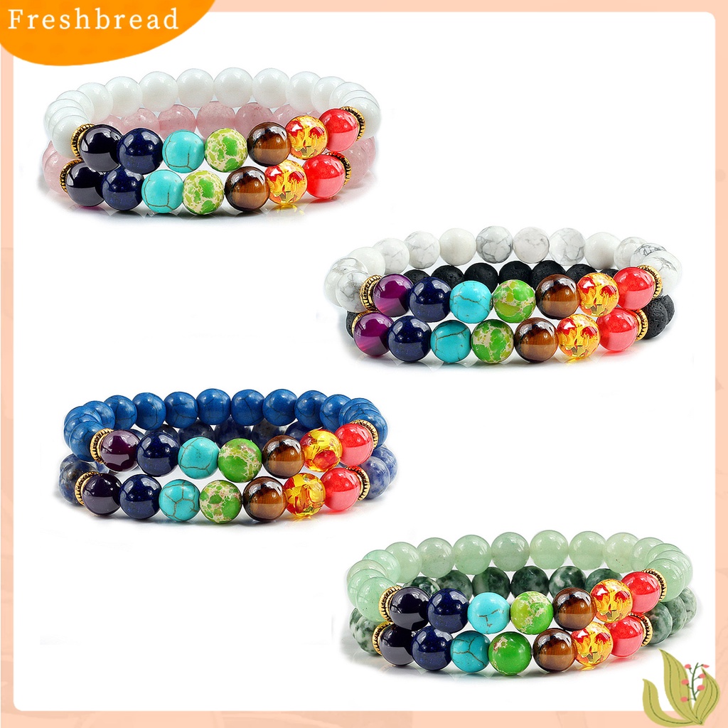 &lt; Freshbread &gt; 1pasang Gelang Manik-Manik Lapisan Ganda Tujuh Cakra Warna-Warni Alami Batu Vulkanik Pergelangan Tangan Berbagai Wanita Pria Yoga Olahraga Chakra Gelang Hadiah Pasangan