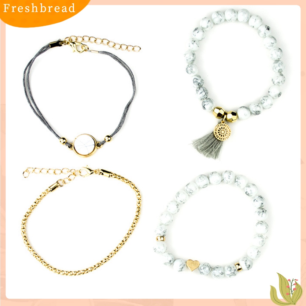 &lt; Freshbread &gt; 4Pcs Wanita Manik-Manik Pirus Imitasi Rumbai Pesona Gelang Bangle Set Perhiasan Hadiah