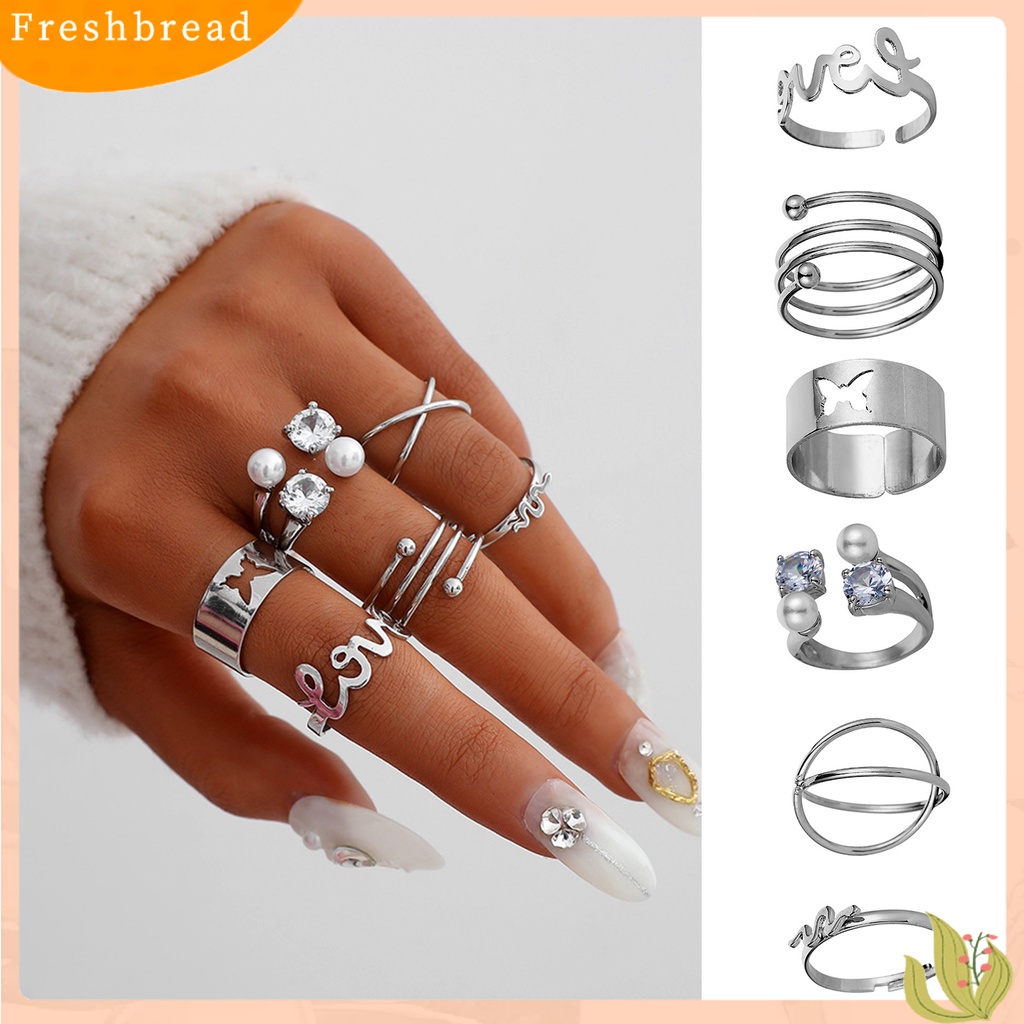 &lt; Freshbread &gt; 6Pcs Cincin Jari Huruf Kupu-Kupu Mutiara Imitasi Pria Wanita Bukaan Adjustable Ins Style Rings Fashion Jewelry