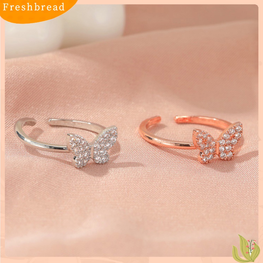 &lt; Freshbread &gt; Bergaya Wanita Bentuk Kupu-Kupu Desain Pembukaan Berlian Imitasi Adjustable Ring Jewelry