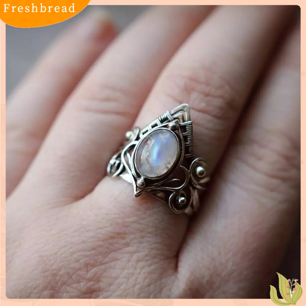 &lt; Freshbread &gt; Punk Berongga Warna Perak Wanita Cincin Bertatahkan Moonstone Fashion Cincin Perhiasan Aksesori