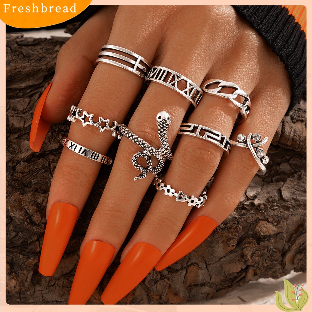 &lt; Freshbread &gt; 9Pcs/Set Cincin Gothic Desain Hollow Perhiasan Aksesori Tahan Aus Shiny Bentuk Ular Cincin Wanita Untuk Outdoor