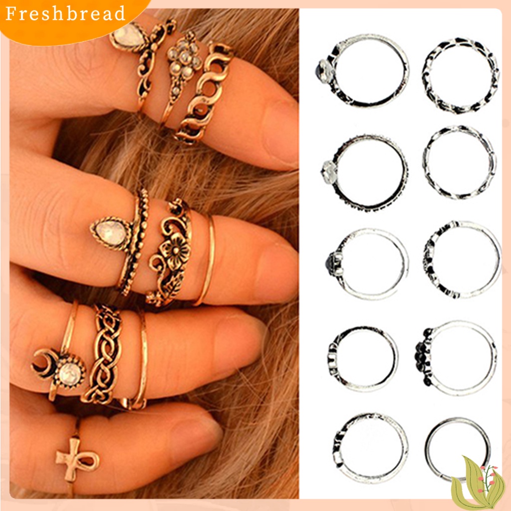 &lt; Freshbread &gt; 10Pcs/Set Cincin Jari Buku Jari Vintage Anti Karat Bunga Hollow Wanita Perhiasan Untuk Camping