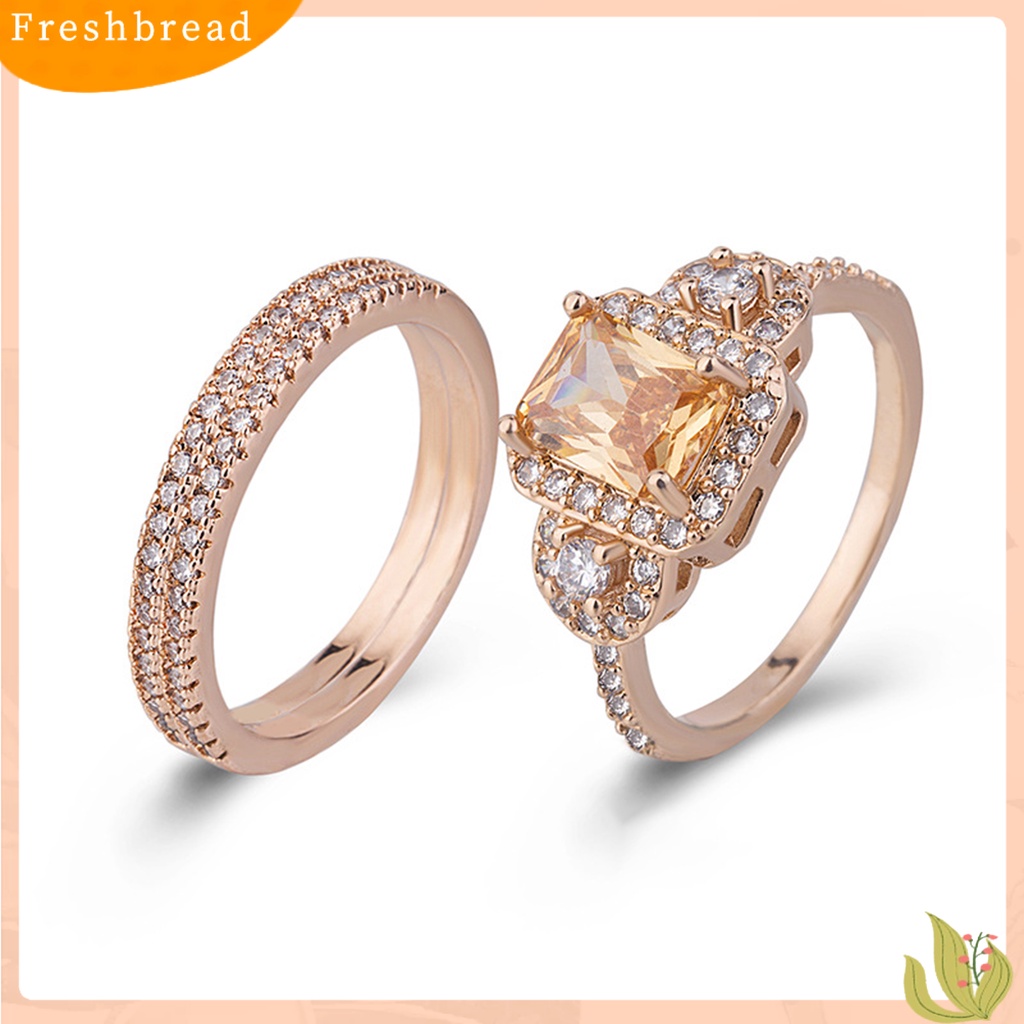 &lt; Freshbread &gt; 2Pcs/Set Ladies Rings Shiny Faux Crystal Rose Golden Alloy Ring Elegan Perhiasan Aksesoris Fashion Micro-Hias Square Rhinestones Rings Hadiah Pertunangan