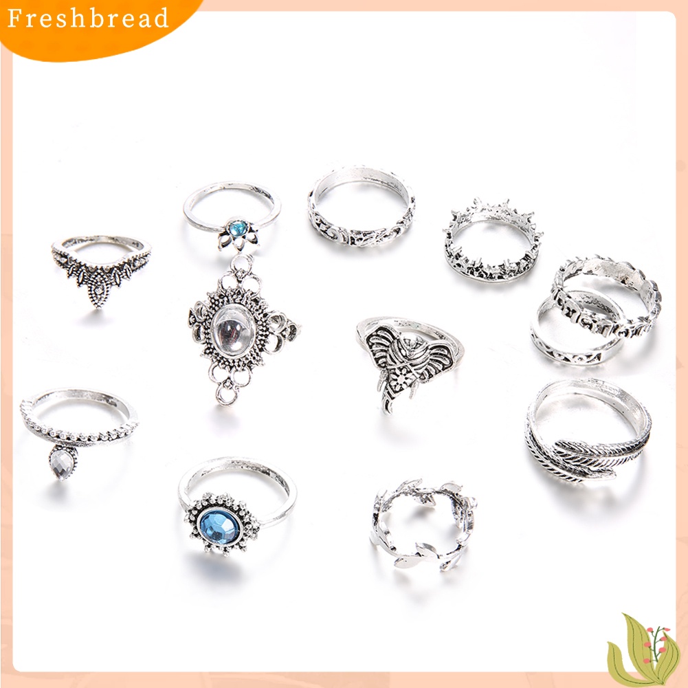 &lt; Freshbread &gt; 12 Pcs Wanita Vintage Boho Faux Gemstone Rhinestone Jewelry Buku Jari Susun Rings