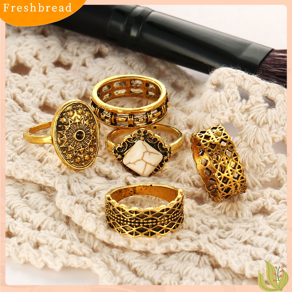 &lt; Freshbread &gt; 5Pcs/Set Vintage Wanita Buku Jari Midi Ujung Tumpuk Cincin Perhiasan Hadiah Golden