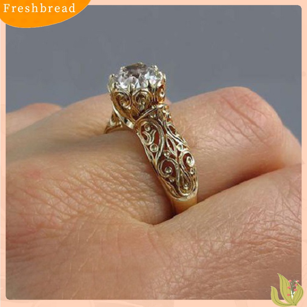 &lt; Freshbread &gt; Vintage Wanita Ukir Bunga Bulat Berlian Imitasi 8cakar Pertunangan Jari Cincin Dekorasi