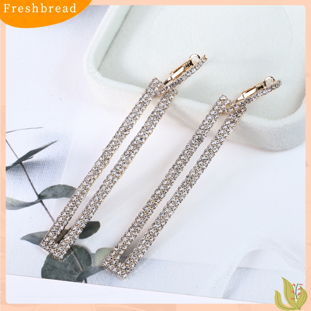 < Freshbread > Wanita Berlian Imitasi Hias Berongga Persegi Panjang Panjang Geometris Menjuntai Anting Perhiasan