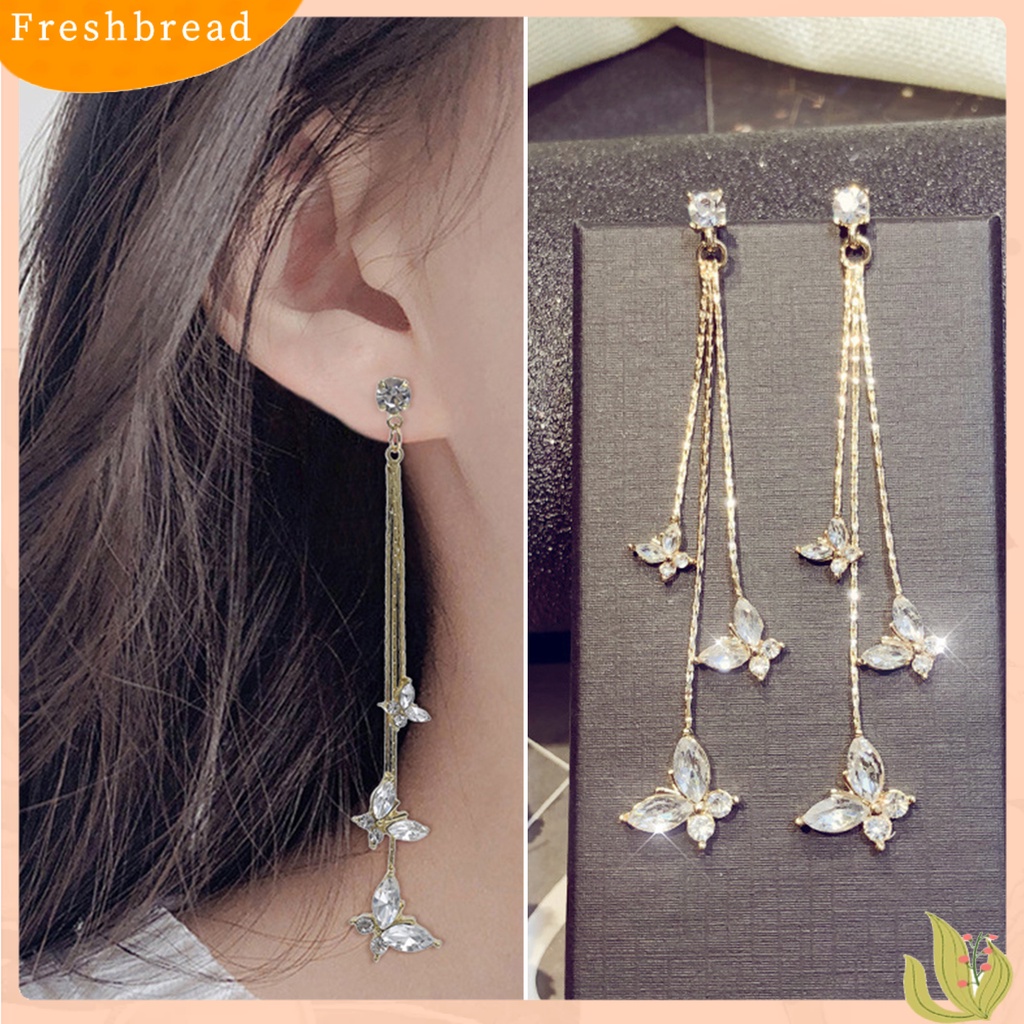 &lt; Freshbread &gt; 1pasang Wanita Anting Kupu-Kupu Jumbai Perhiasan Bersinar Kristal Imitasi Menjuntai Anting Pacaran
