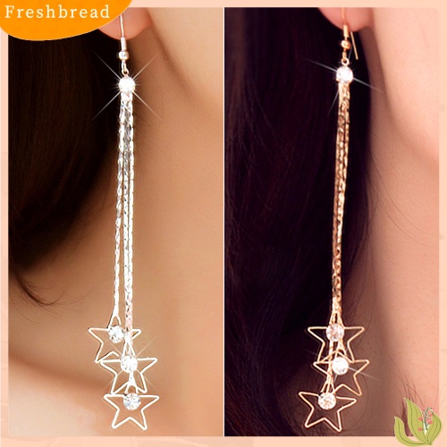 &lt; Freshbread &gt; Wanita Pentacle Berlian Imitasi Drop 3lapisan Rantai Jumbai Panjang Menjuntai Linear Earrings