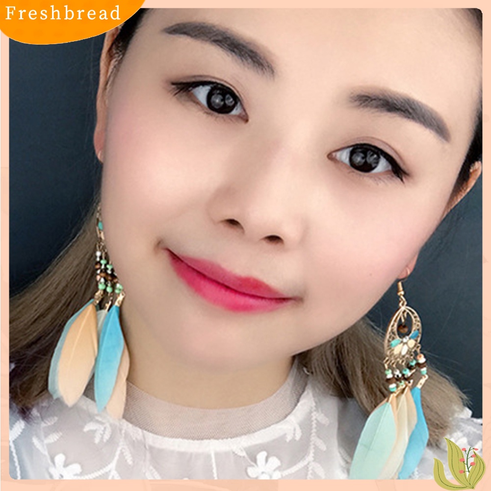 &lt; Freshbread &gt; Boho Wanita Berongga Manik-Manik Oval Warna-Warni Bulu Rumbai Drop Statement Earrings