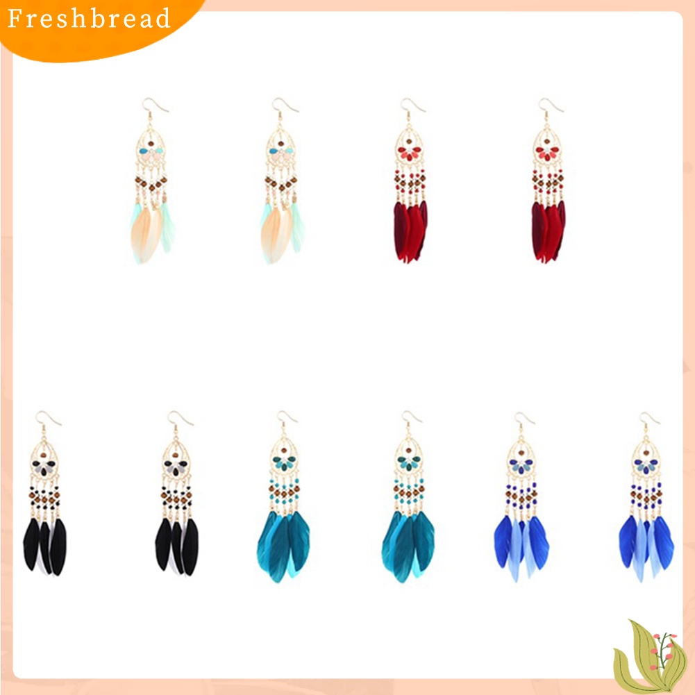 &lt; Freshbread &gt; Boho Wanita Berongga Manik-Manik Oval Warna-Warni Bulu Rumbai Drop Statement Earrings