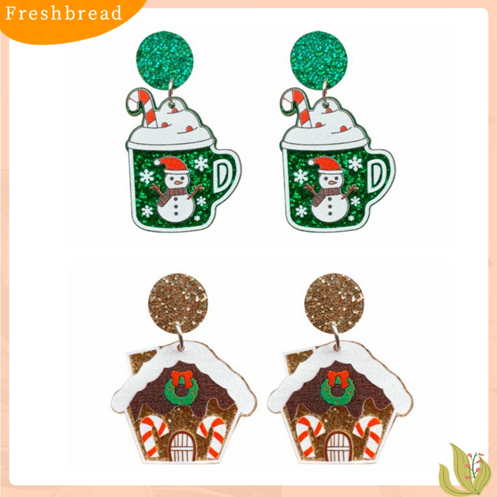 &lt; Freshbread &gt; 1pasang Anting Natal Motif Rumah Glitter Wanita Semua Pertandingan Cangkir Snowman Stud Earrings Untuk Pesta