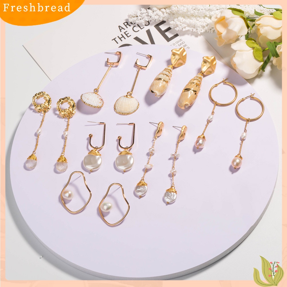 &lt; Freshbread &gt; Wanita Fashion Mutiara Imitasi Shell Menjuntai Geometris Telinga Stud Earrings Jewelry