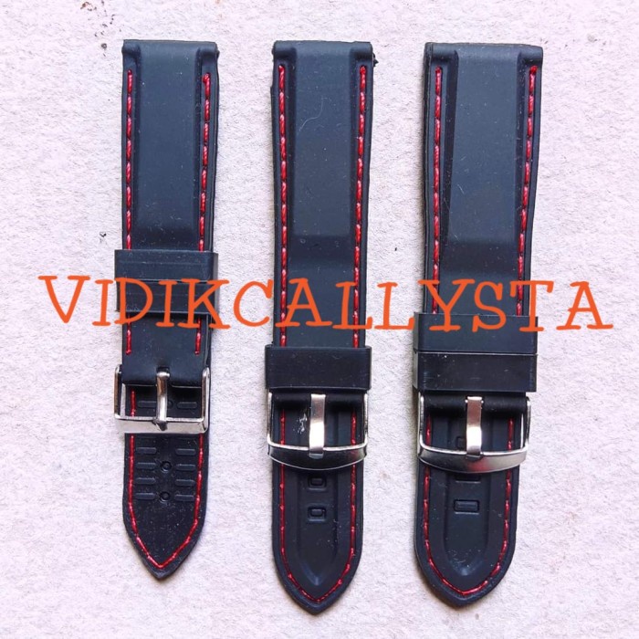 Strap Tali Jam Tangan Karet 20mm 22mm 24mm Hitam Jahit Merah